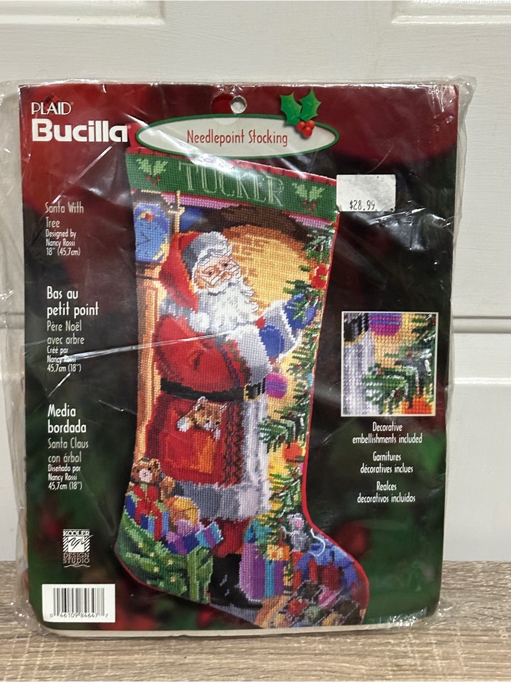 Bucilla Christmas Needlepoint Stocking Kit, SANTA WITH TREE,84647,Rossi,18",NIP